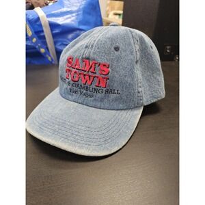 Sam's Town Hat Cap Strap Back Blue Denim Embroidered Casino Las Vegas Mens